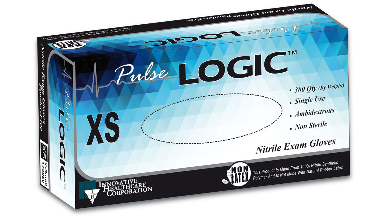 Gloves Exam Nitrile P-F Textured ThinFilm Blue Pulse® LOGIC™ X-Small NonSterile Nitrile Standard Cuff Length Textured Not Chemo Approved  (300/BX 10BX/CS) by Innovative Healthcare Corp., Inc.  ID 173050